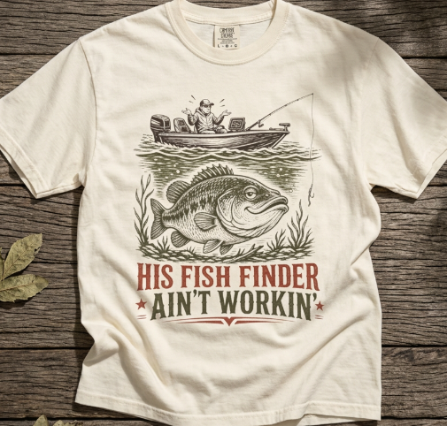Bass Fishing T-Shirt — “His Fish Finder Ain’t Workin’”