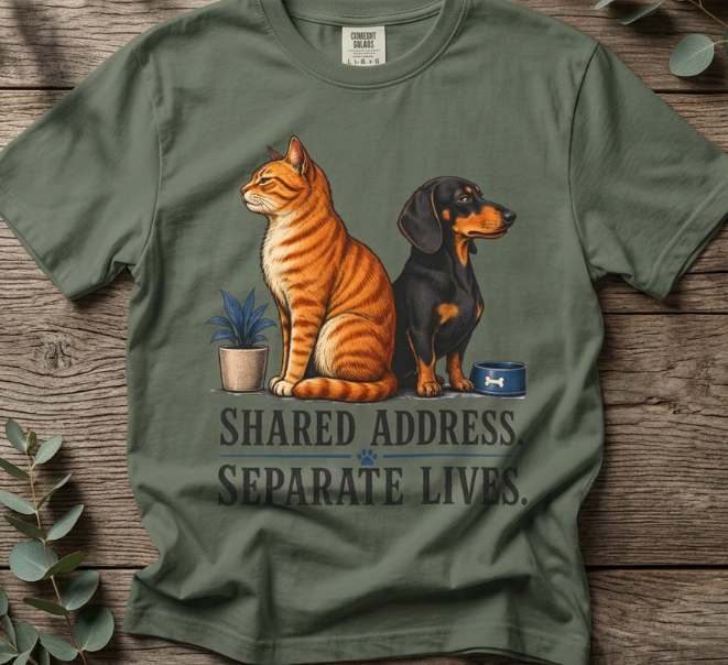 Cat & Dog Shared Address, Separate Lives T-Shirt